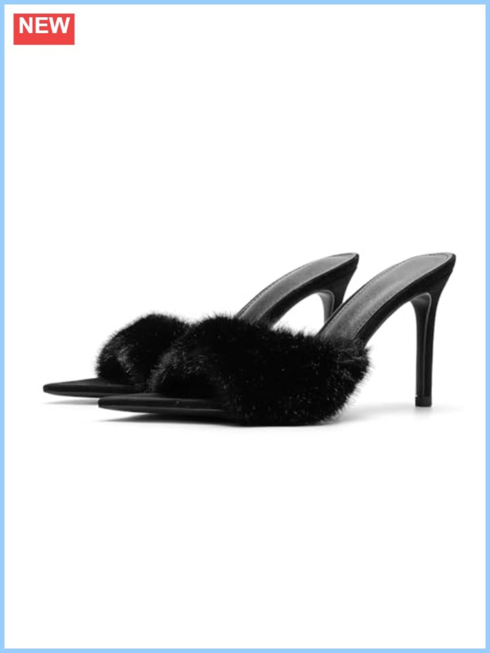 Fuzzy Pointed Open Toe Stiletto Heel Slide Sandals Slip On Mules